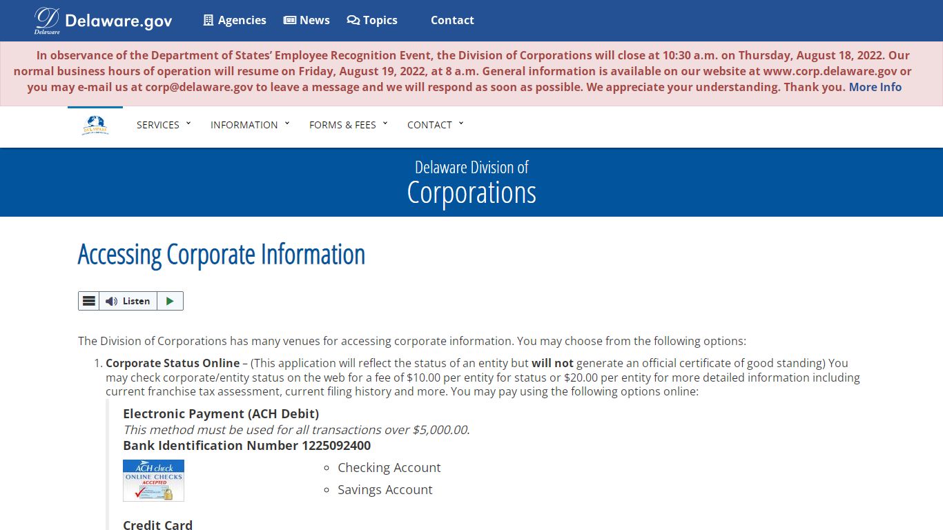 Accessing Corporate Information - Division of Corporations - Delaware